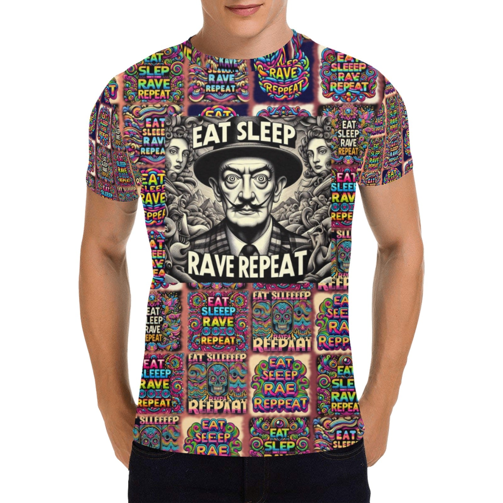 “Eat, Sleep, Rave, Repeat -Featuring Salvadore Dali” Men’s Breathable Polyester T-Shirt – Sizes S – 5XL