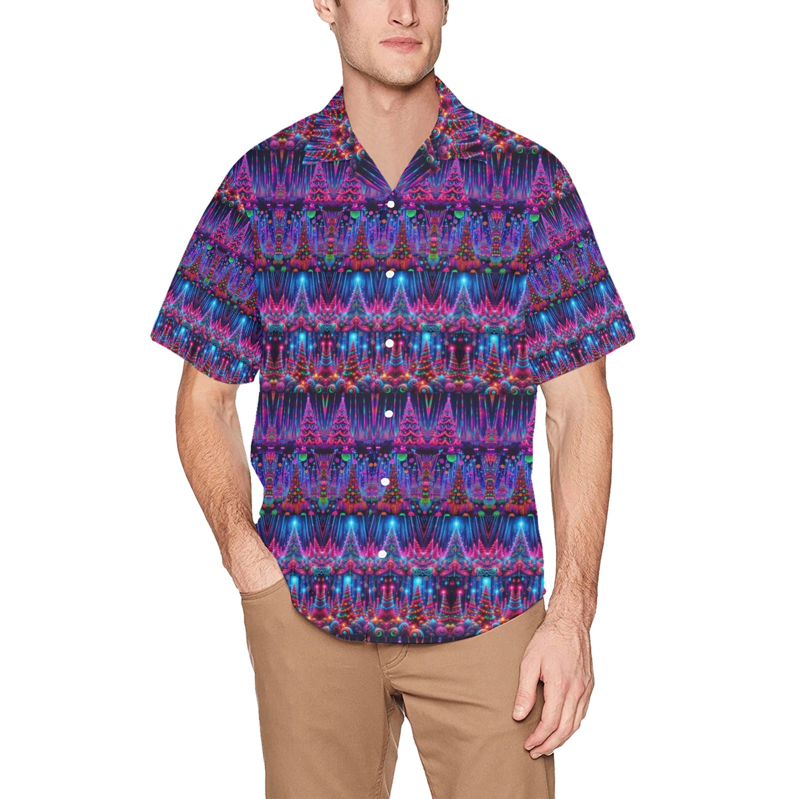 “Psychedelic Christmas Tree Forest” Men’s Lounge Shirt – Sizes S- 5XL