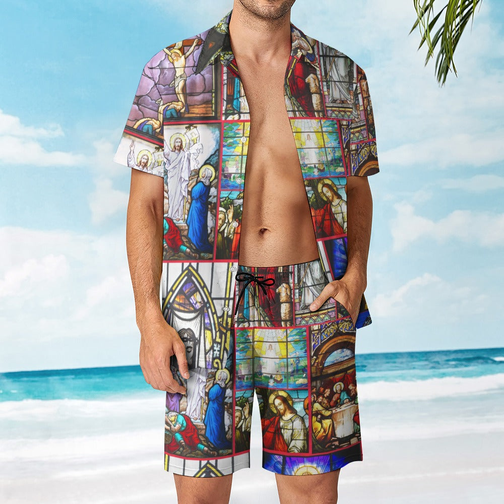 “Stained Glass Jesus for Christmas” Men’s Rave Outfit – Lounge Shirt and Beach Shorts – Sizes XS – 3XL