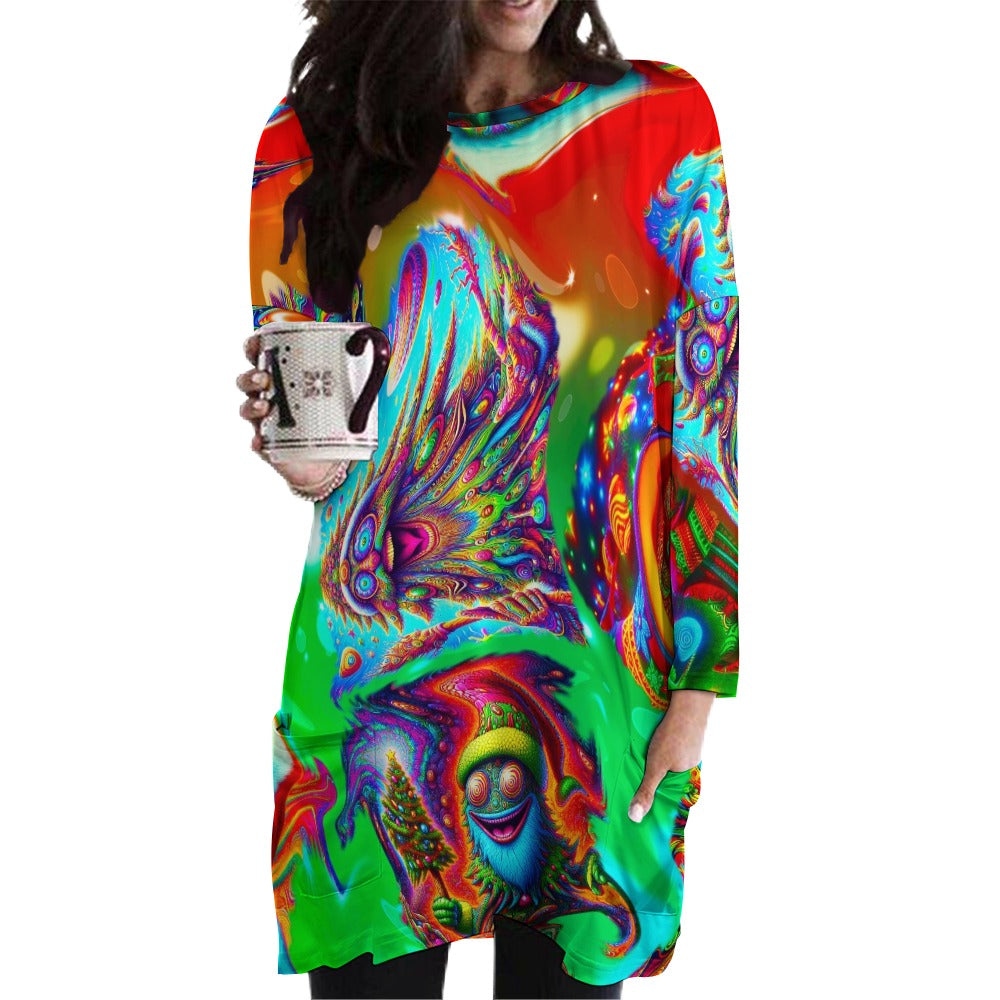 “Psychedelic Christmas Tree People” Long Sleeve T-Shirt Dress - Size 2XS - 6XL