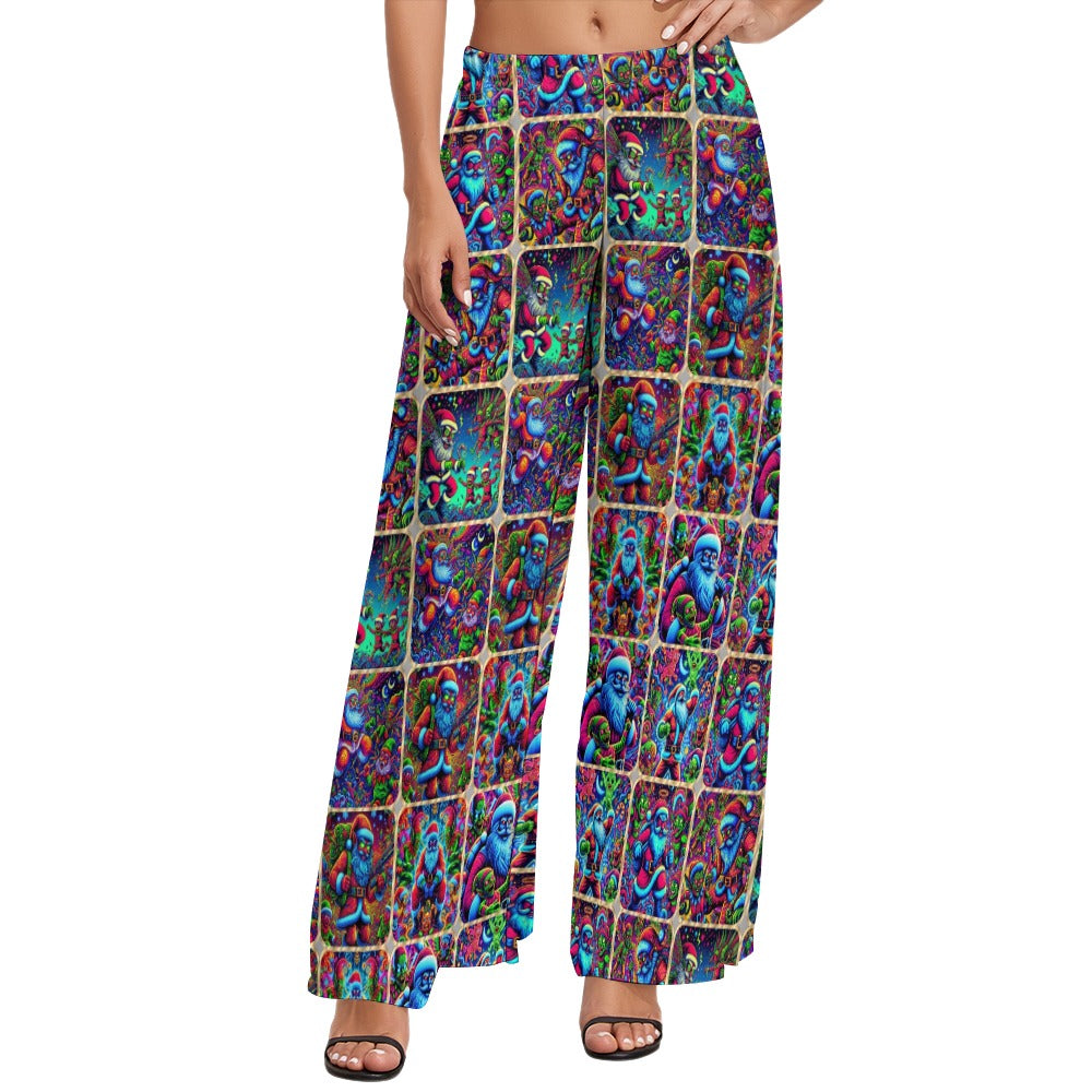 “Neon Santas Fighting Evil Elves” Women’s Wide Leg Pants – Sizes XS – 6XL