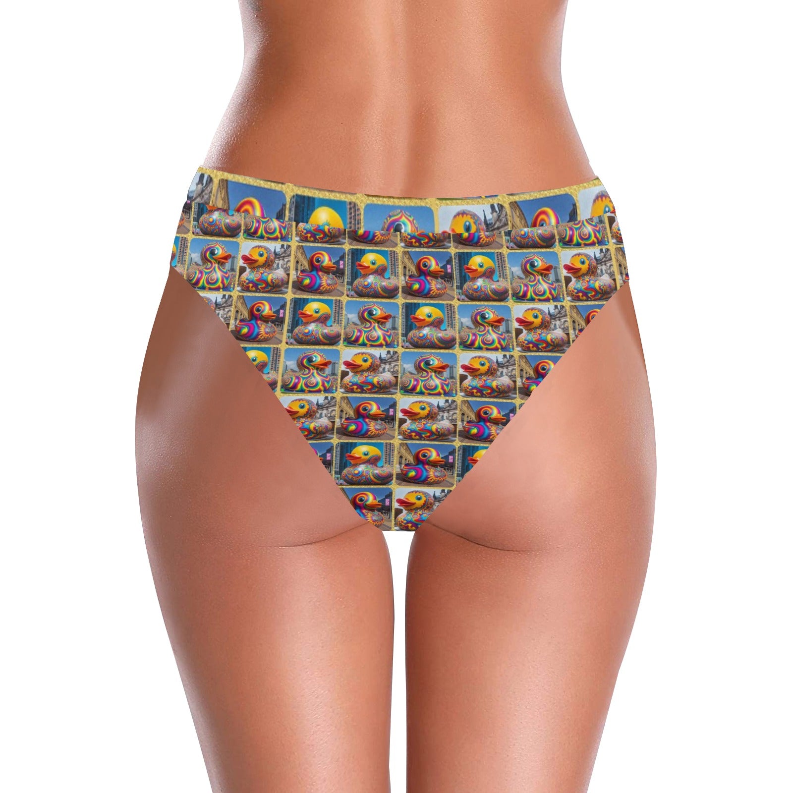 “Psychedelic Rubber Ducky” High-Waisted High V-Cut Bikini Rave Bottom -  Sizes XS – 5XL