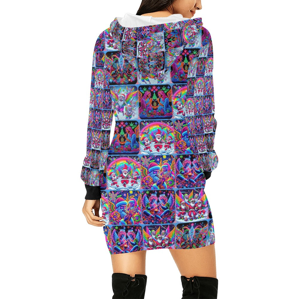 “Psychedelic Toking Christmas Angels” Women’s Hoodie Mini Dress – Sizes XS – 2XL