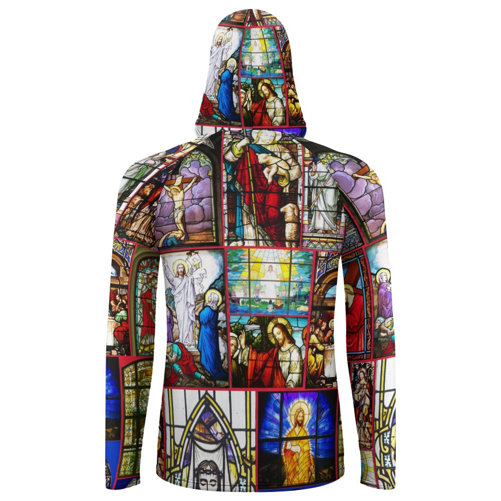 “Stained Glass Jesus for Christmas” Men’s Long Sleeve Sun Protection Hoodie – Sizes S – 3XL