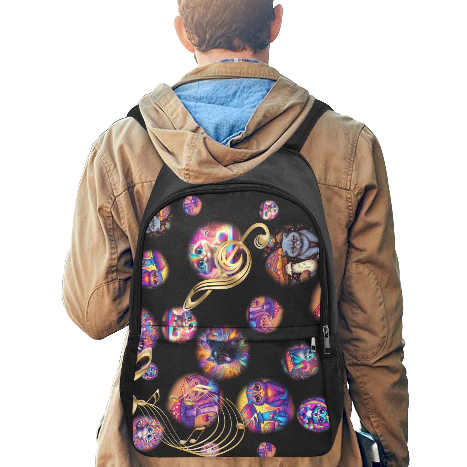 “Psychedelic Cats on Motorcycles” – Sunburst - &nbsp;Fabric Backpack with Side Mesh Pocket - 3 Wild Prints