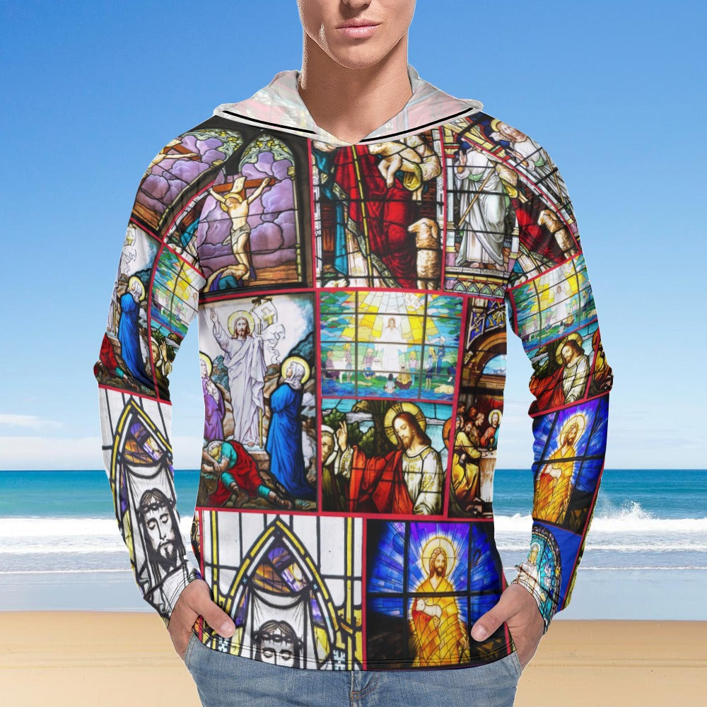 “Stained Glass Jesus for Christmas” Men’s Long Sleeve Sun Protection Hoodie – Sizes S – 3XL