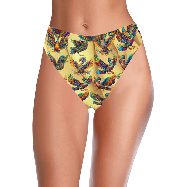 “Psychedelic Ducks on Gold” High-Waisted High V-Cut Bikini Rave Bottom -  Sizes XS – 5XL -  Sizes XS – 5XL