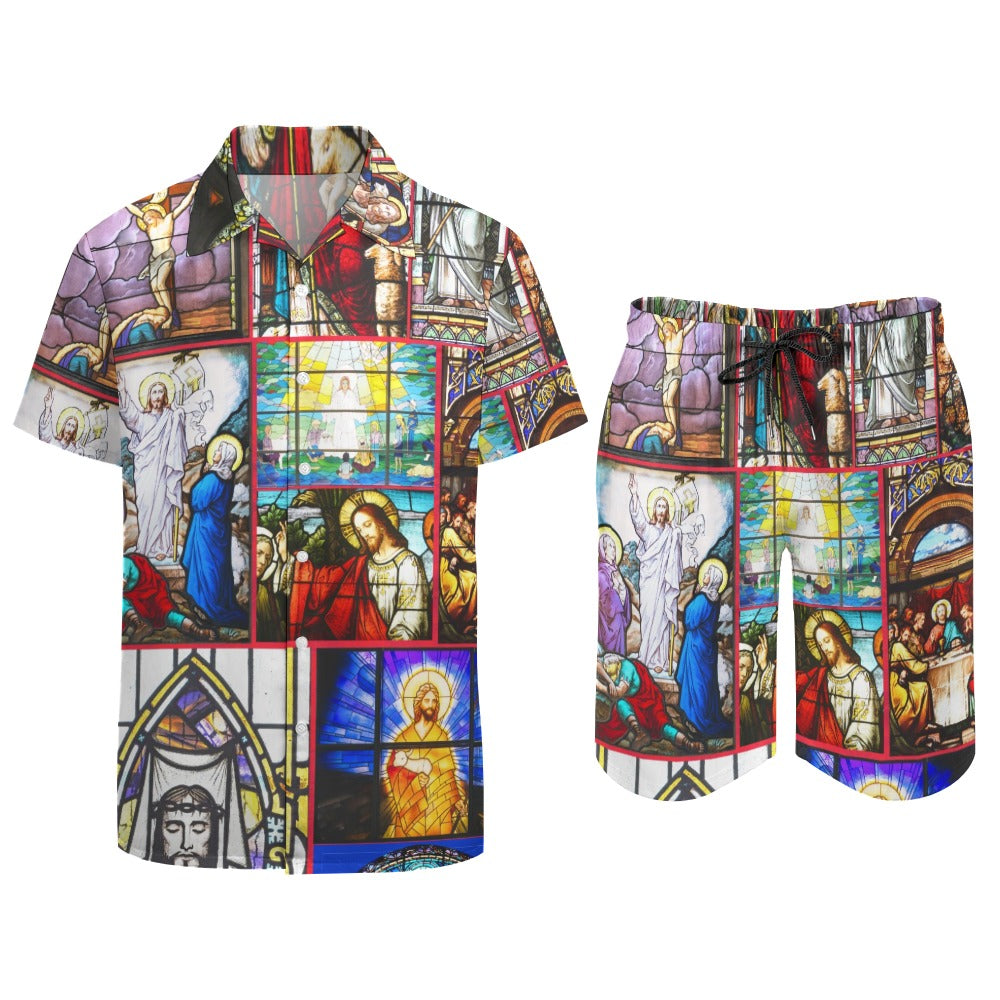 “Stained Glass Jesus for Christmas” Men’s Rave Outfit – Lounge Shirt and Beach Shorts – Sizes XS – 3XL