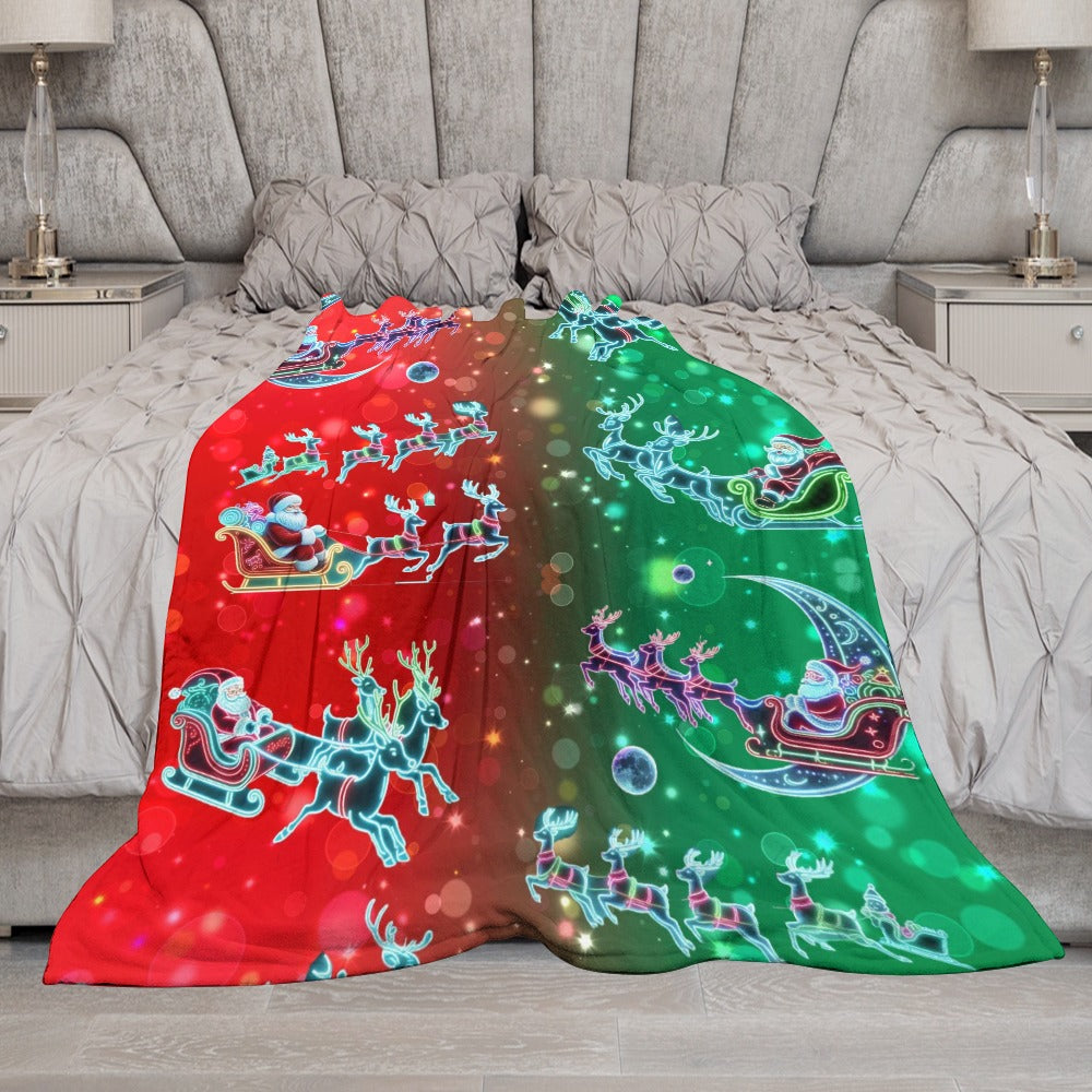 “Neon Santas in Magical Christmas Sleigh with Reindeer” Ultra-Soft Flannel Blanket – 70” x 80”