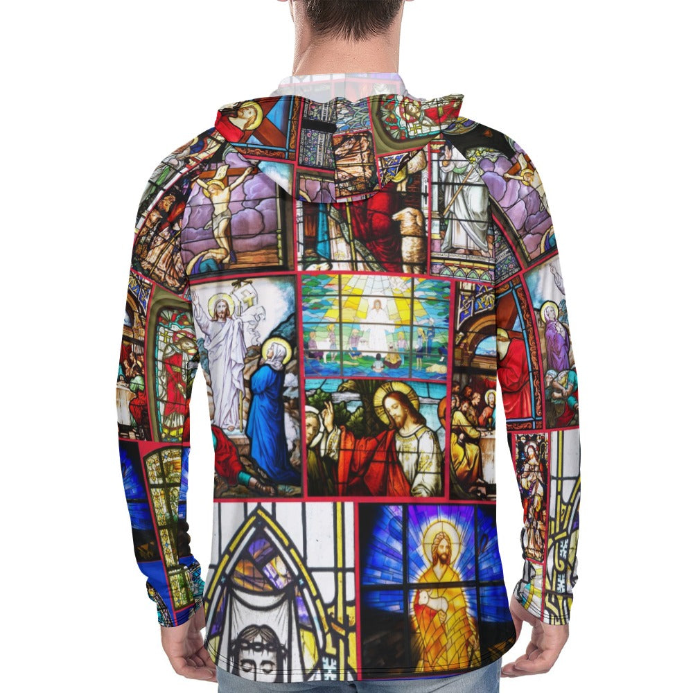 “Stained Glass Jesus for Christmas” Men’s Long Sleeve Sun Protection Hoodie – Sizes S – 3XL