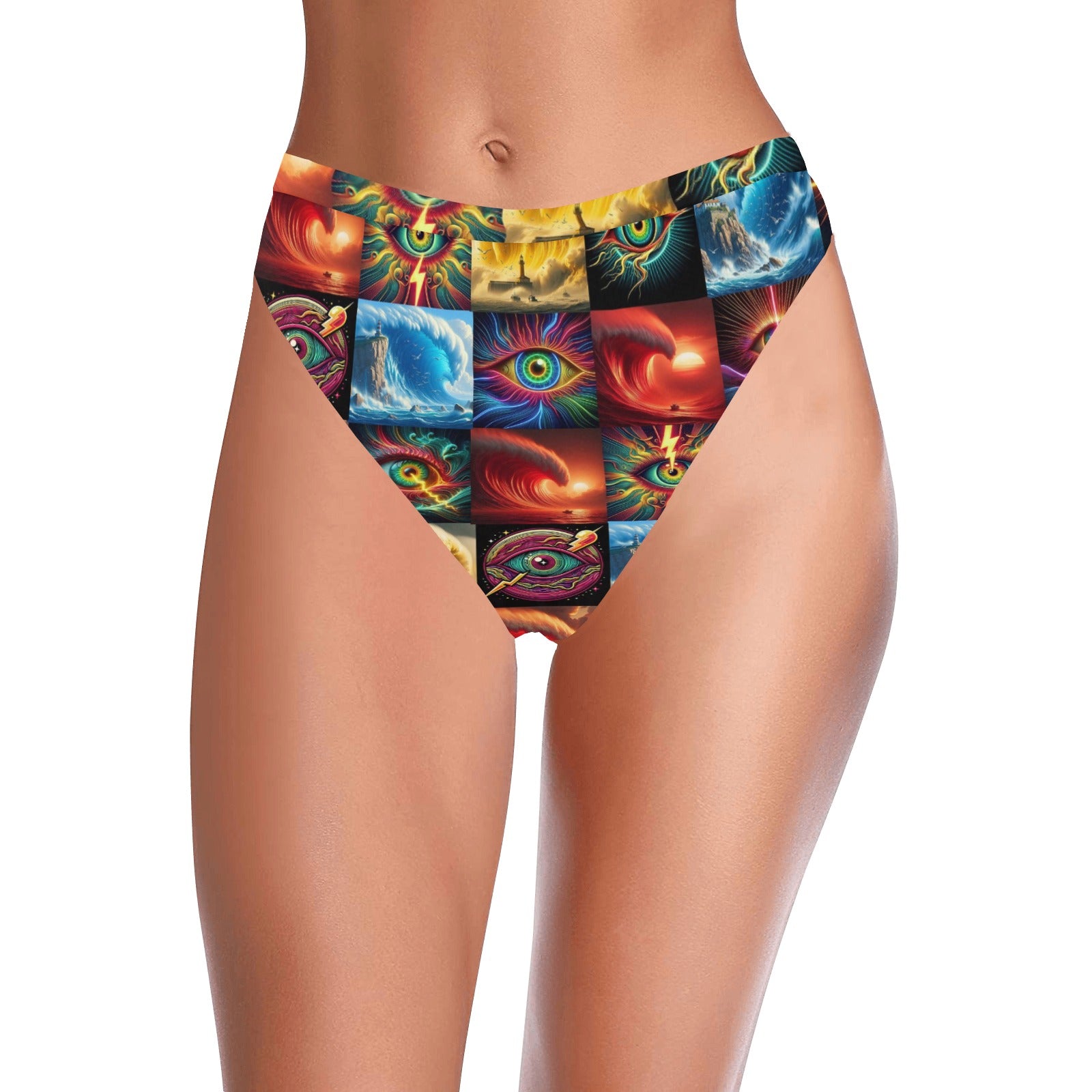 “Eye Wavess” High-Waisted High V-Cut Bikini Rave Bottom -  Sizes XS – 5XL