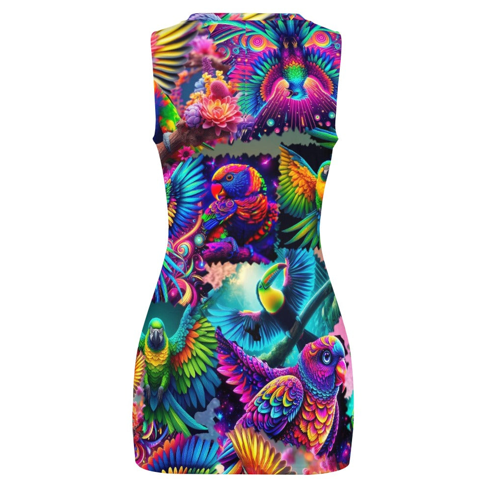 “Neon Aviary” Navel-Baring Cross-Fit Hip Dress