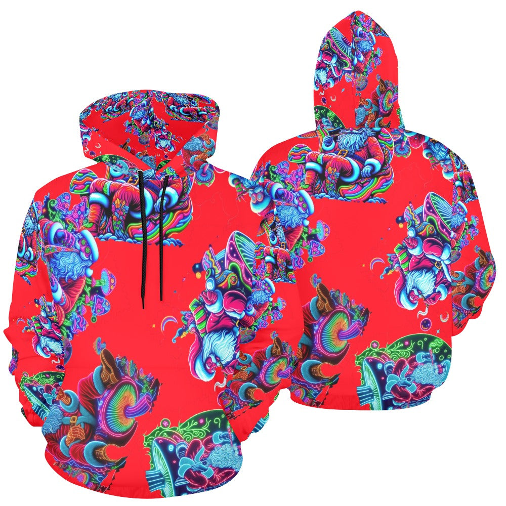 “Psychedelic Toking Santas Sitting on Mushrooms in Red” Men’s Hoodie – Sizes S- 4XL