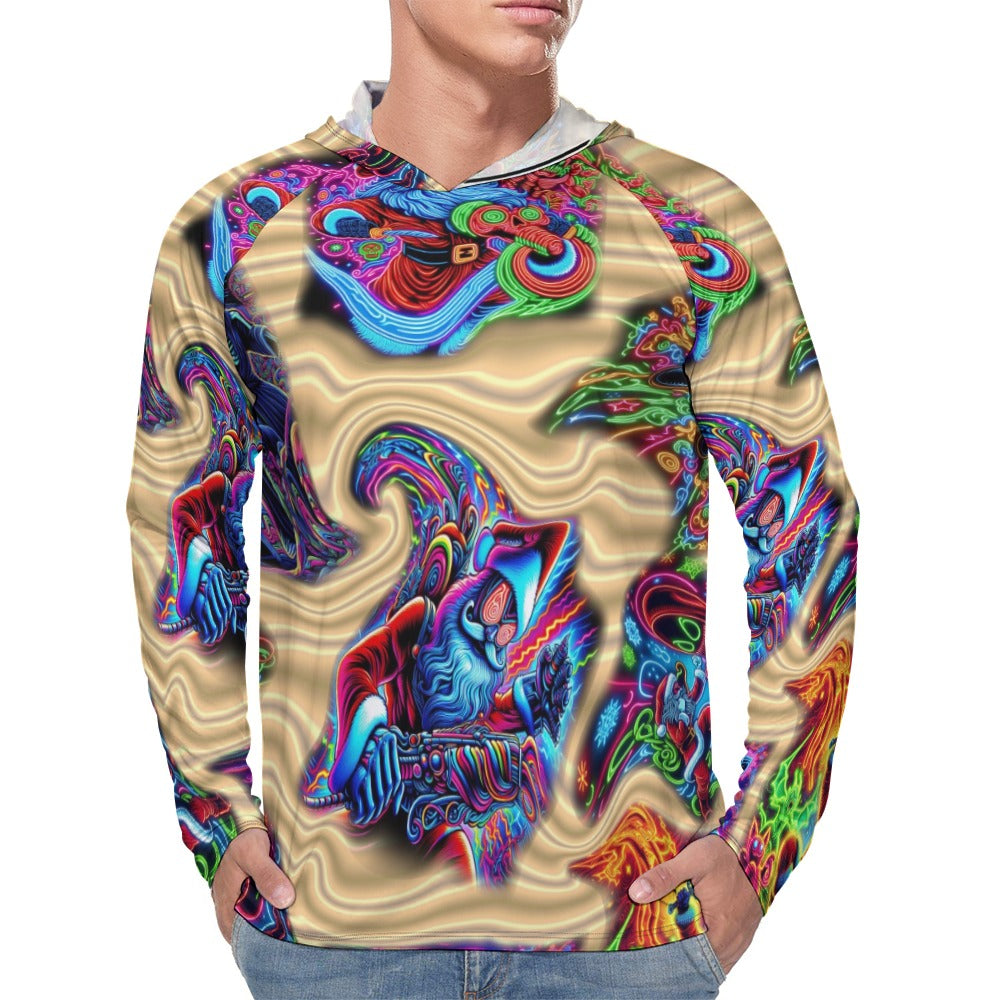 “Neon Santa Fighting Evil” Men’s Long Sleeve Sun Protection Hoodie – Sizes S – 3XL