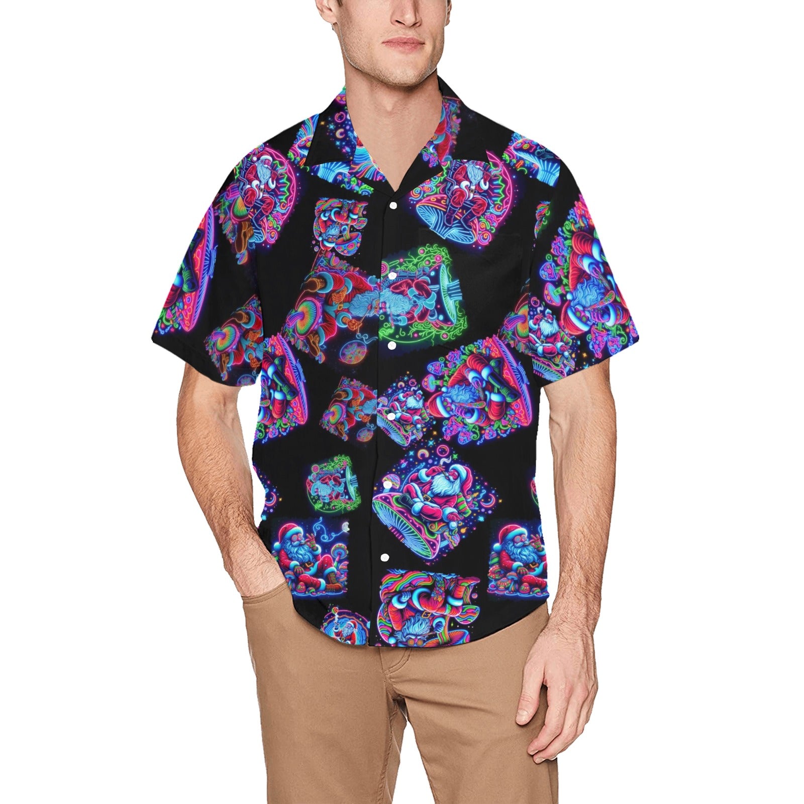 “Psychedelic Toking Santas Sitting on Mushrooms” Men’s Lounge Shirt – Sizes S- 5XL