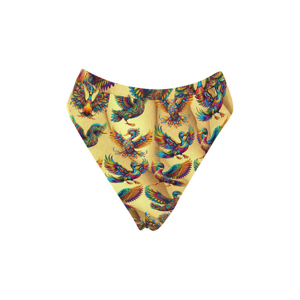 “Psychedelic Ducks on Gold” High-Waisted High V-Cut Bikini Rave Bottom -  Sizes XS – 5XL -  Sizes XS – 5XL