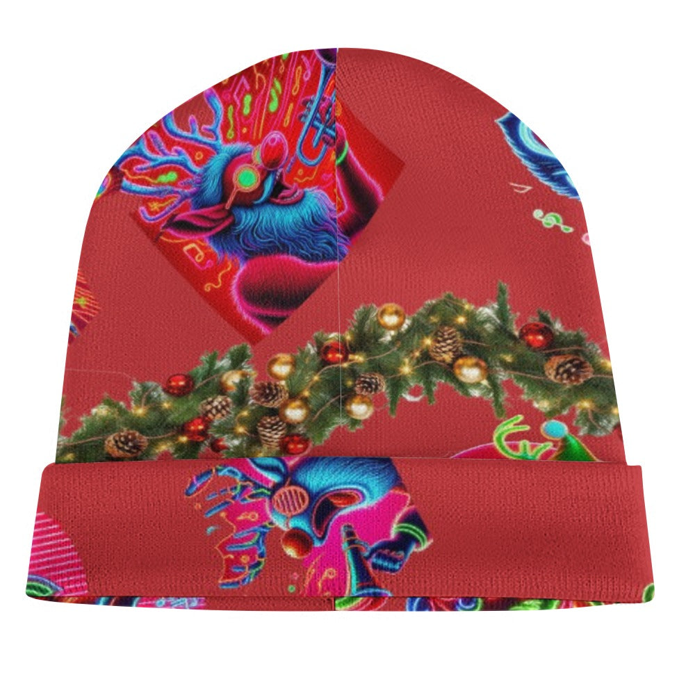 “Psychedelic Christmas Rudolf Singing on Red” Knit Hat