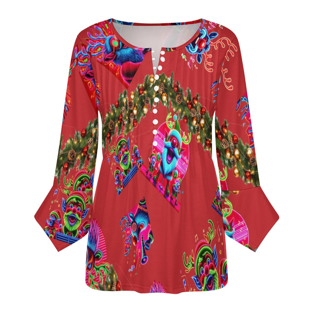 “Psychedelic Christmas Rudolf Singing on Red” Women's Ruffled Petal Sleeve Top – Sizes S – 5XL