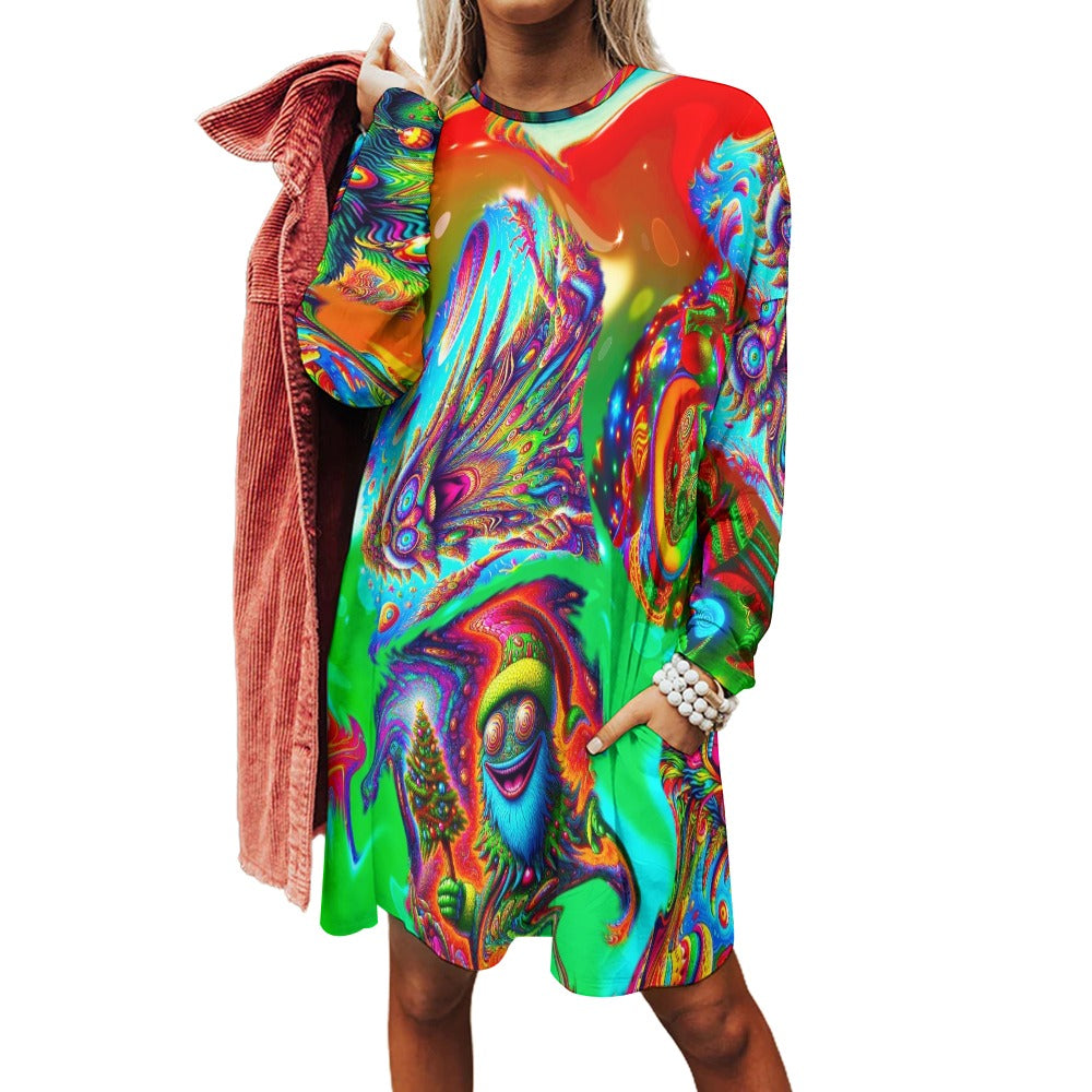 “Psychedelic Christmas Tree People” Long Sleeve T-Shirt Dress - Size 2XS - 6XL