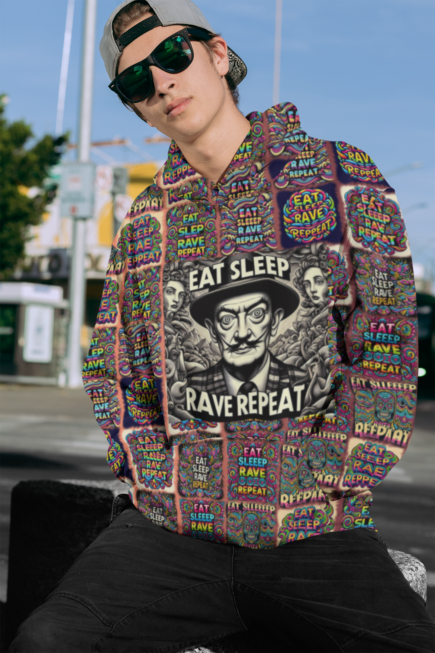 “Eat, Sleep, Rave, Repeat -Featuring Salvadore Dali” Men’s Hoodie